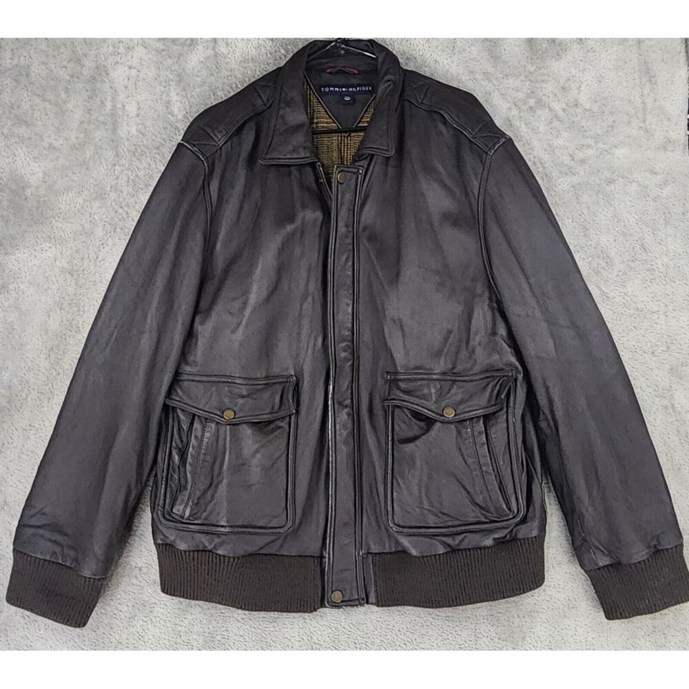 Tommy Hilfiger LeatherJacket Mens XXL Brown Full Zip Long Sleeve Vintage Bomber